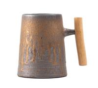 IYUEKE Japanese Style Vintage Ceramic Coffee Mug Tumbler Large Capacity 600ml Rust Glaze Tea Milk Beer Mug with Wood Handle Water Cup Home Office Drinkware (Grey B)
