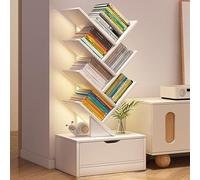 IYUESQ Tree Bookshelf with Drawer,Floor Standing Bookcase Vertical Book Shelves,Wood Book Rack for CDs/Movies/Books,Storage Display Shelf,for Living Room Office(100cm, White)