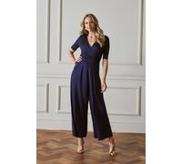 Izabel London 1/2 Sleeve Wrap Waist Wide Leg Jumpsuit For Women UK with a v-neck and tummy flattering details.