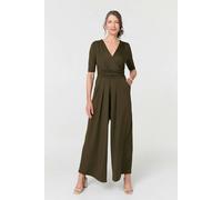 Izabel London 1/2 Sleeve Wrap Waist Wide Leg Jumpsuit - Khaki - 14