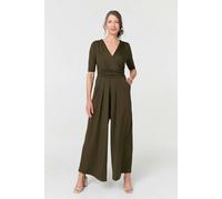 Izabel London 1/2 Sleeve Wrap Waist Wide Leg Jumpsuit - Khaki - 18
