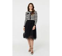Izabel London 2-in-1 Dress with Striped Top & Midi Mesh Skirt for Women UK with Long Sleeves and Button Details.