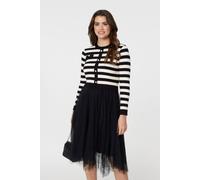 Izabel London 2-in-1 Dress with Striped Top & Midi Mesh Skirt for Women UK with Long Sleeves and Button Details.