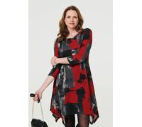 Izabel London Abstract 3/4 Sleeve Hanky Hem Dress - Red - 12