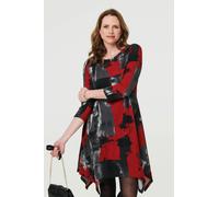 Izabel London Abstract 3/4 Sleeve Hanky Hem Dress - Red - 14