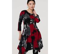 Izabel London Abstract 3/4 Sleeve Hanky Hem Midi Dress for Women UK with a Scoop Neck and a fit & Flare Shape. Red