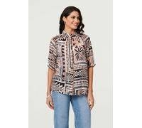 Izabel London Abstract 3/4 Sleeve High Neck Shirt - 18 - Brown
