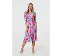 Izabel London Abstract 3/4 Sleeve Midi Wrap Dress In Pink Pink 18