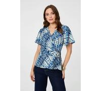 Izabel London Abstract Angel Sleeve Ruched Wrap Top - 18 - Blue