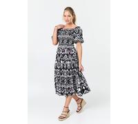 Izabel London Abstract Bardot Puff Sleeve Midi Dress - 16 - Black