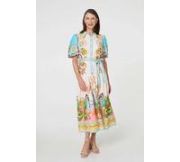 Izabel London Abstract Border Tie Waist Midi Dress - 16 - Beige