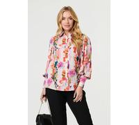Izabel London Abstract Floral Long Puff Sleeve Shirt - 10 - Pink