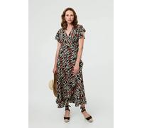 Izabel London Abstract Frilled Sleeve Wrap Midi Dress for Women UK with a tie Waist and an Asymmetric Skirt. Black