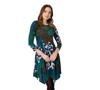 Izabel London Abstract Hanky Hem 3/4 Sleeve Midi Dress for Women UK with Pockets and a Relaxed fit. Green