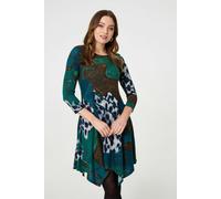 Izabel London Abstract Hanky Hem 3/4 Sleeve Tunic Dress - Green - 14