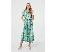 Izabel London Abstract Lace Trim Tie Neck Midi Dress - Green - 8