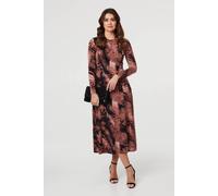 Izabel London Abstract Long Sleeve Flared Midi Dress In Dusty Pink Dusty Pink