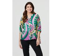 Izabel London Abstract Print 3/4 Sleeve Relaxed Shirt for Women UK with a v-Neck and a Thigh Length Curved Hem.
