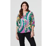 Izabel London Abstract Print 3/4 Sleeve Relaxed Shirt In Green Green 12