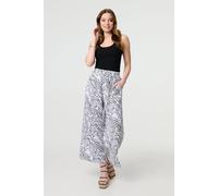 Izabel London Abstract Print High Waist Wide Leg Trousers Made from 100% Viscose for Women UK with Pockets. White