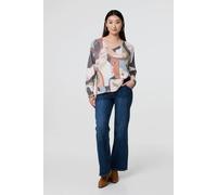 Izabel London Abstract Print Long Sleeve Knit Top In Grey Grey 10