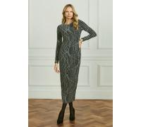 Izabel London Abstract Print Long Sleeve Ruched Midi Dress - Silver - 8