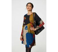 Izabel London Abstract Print Long Sleeve Short Swing Dress for Women UK with a Scoop Neck, Pockets & Short Hem. Red