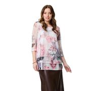 Izabel London Abstract Print Mesh Layer 3/4 Sleeve Tunic for Women UK with a Round Neck and semi Sheer Sleeves. Pink