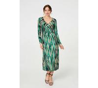 Izabel London Abstract Print Ruched V-Neck Midi Dress for Women UK with Long Sleeves and a Tummy Flattering top. Green