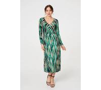 Izabel London Abstract Print Ruched V-Neck Midi Dress for Women UK with Long Sleeves and a Tummy Flattering top. Green