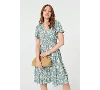 Izabel London Abstract Print Shirred Knee Length Dress - 16 - Sage