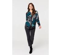 Izabel London Abstract Print Zip-Front Long Sleeve Top In Green Green 16