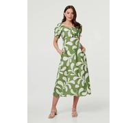 Izabel London Abstract Puff Sleeve Tie Neck Midi Dress - 16 - Green