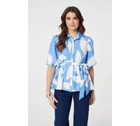 Izabel London Abstract Puff Sleeve Tie Waist Blouse In Blue Blue 10