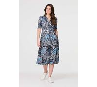 Izabel London Abstract Ruched 1/2 Sleeve Midi Dress - Navy - 8