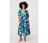 Izabel London Abstract Ruched 3/4 Sleeve Midi Dress In Green Green 18