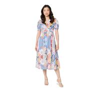Izabel London Abstract Ruched Front Empire Midi Dress for Women UK with Short Sleeves and a v-Neck. Blue