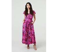 Izabel London Abstract Ruched Waist Cap Sleeve Maxi Dress - Pink - 16