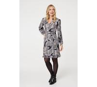 Izabel London Abstract Ruffled Tie Waist Knee Length Dress - Beige - 8