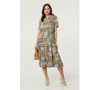 Izabel London Abstract Short Sleeve Tie Midi Dress - 12 - Sage