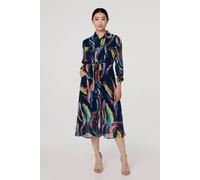 Izabel London Abstract Tie Front Midi Shirt Dress for Women UK with 3/4 Sleeves, a semi Sheer Layer and Pockets. Navy