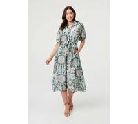 Izabel London Abstract Tie Waist 1/2 Sleeve Midi Dress - 14 - Green