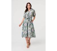 Izabel London Abstract Tie Waist 1/2 Sleeve Midi Dress In Green Green