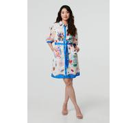 Izabel London Abstract Tie Waist 3/4 Sleeve Shirt Mini Dress for Women UK with a Collar, Buttons and tie Waist. White