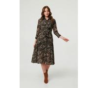 Izabel London Women's Abstract Tie Waist Shirt Midi Dress in Black | Size: 16 Izabel London Black 16