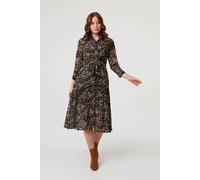 Izabel London Abstract Tie Waist Shirt Midi Dress In Black Black 12