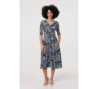 Izabel London Abstract V-Neck 3/4 Sleeve Midi Dress In Blue Blue 14