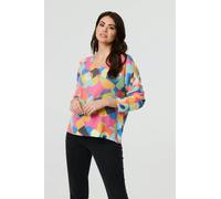 Izabel London Abstract V-Neck Long Sleeve Knit Top In Pink Pink 14