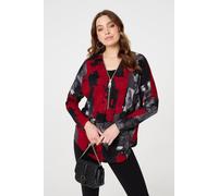 Izabel London Abstract Zip Front Long Sleeve Top In Red Red 18