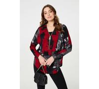 Izabel London Abstract Zip Front Long Sleeve Top In Red Red 14